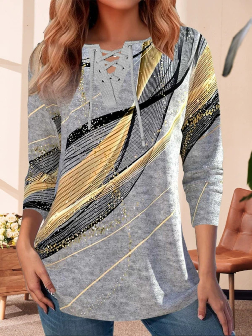 ZARA Creative Striped Long Sleeve Printed Loose T Shirt